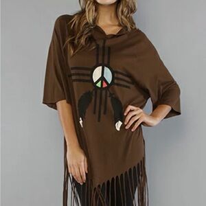 Wildfox Brown Chumash Desert Fringe Hooded Top Size S